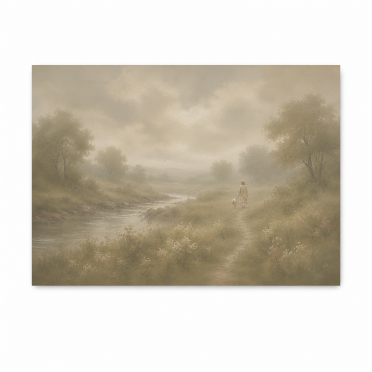 Jesus walking along a peaceful path beside a river with a lamb, symbolizing His guidance, in a soft Christian art print