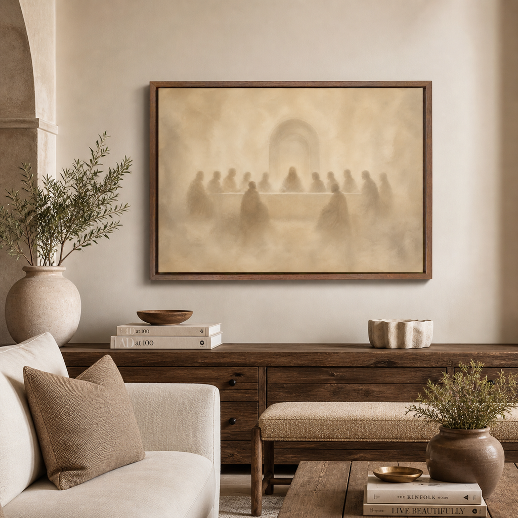 The Last Supper Christian wall art displayed in a warm neutral living room