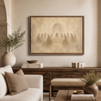 The Last Supper Christian wall art displayed in a warm neutral living room