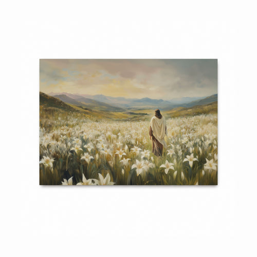 A landscape painting of a Jesus standing in a field of white lilies with mountains and a cloudy sky in the background