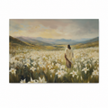 A landscape painting of a Jesus standing in a field of white lilies with mountains and a cloudy sky in the background