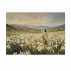 A landscape painting of a Jesus standing in a field of white lilies with mountains and a cloudy sky in the background