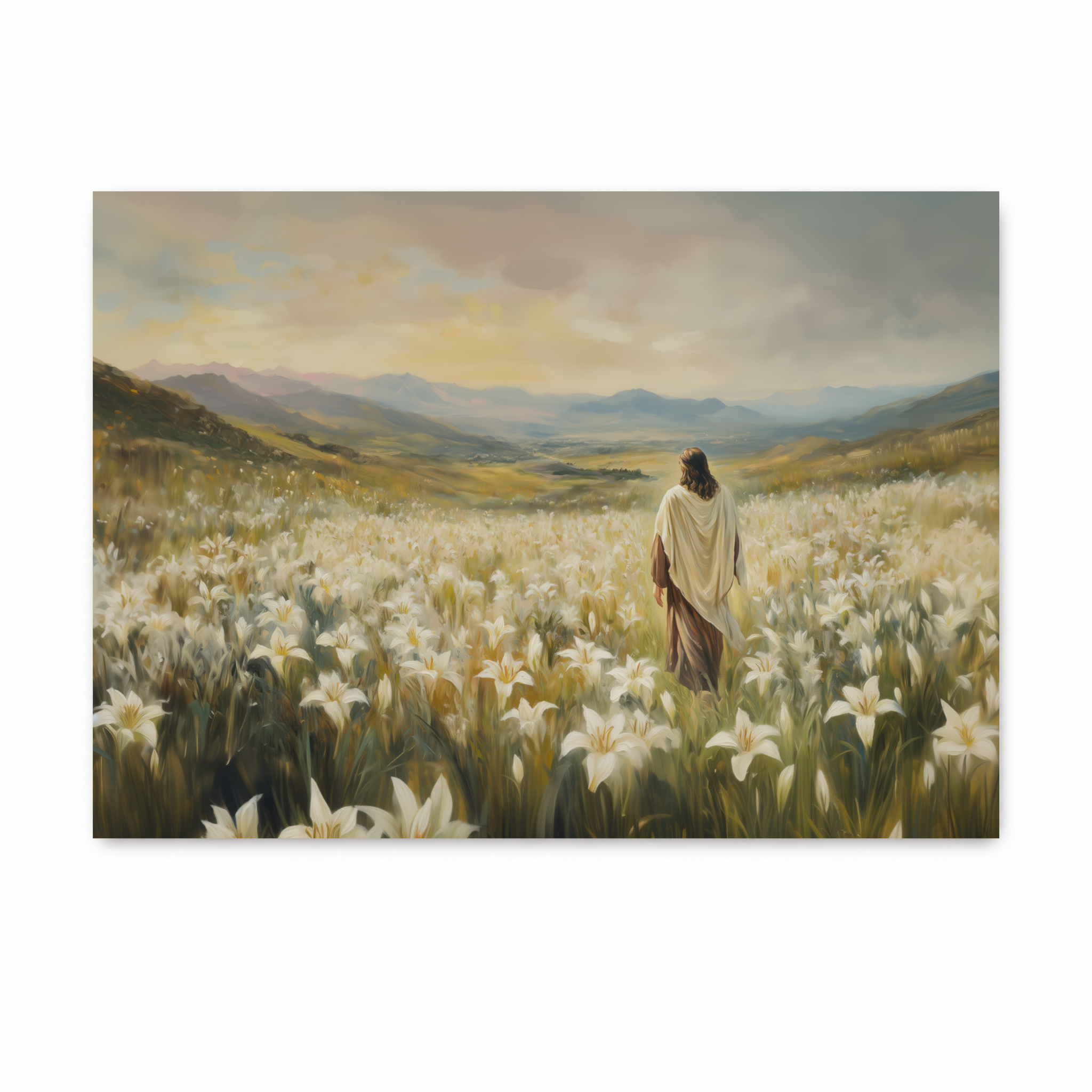 A landscape painting of a Jesus standing in a field of white lilies with mountains and a cloudy sky in the background