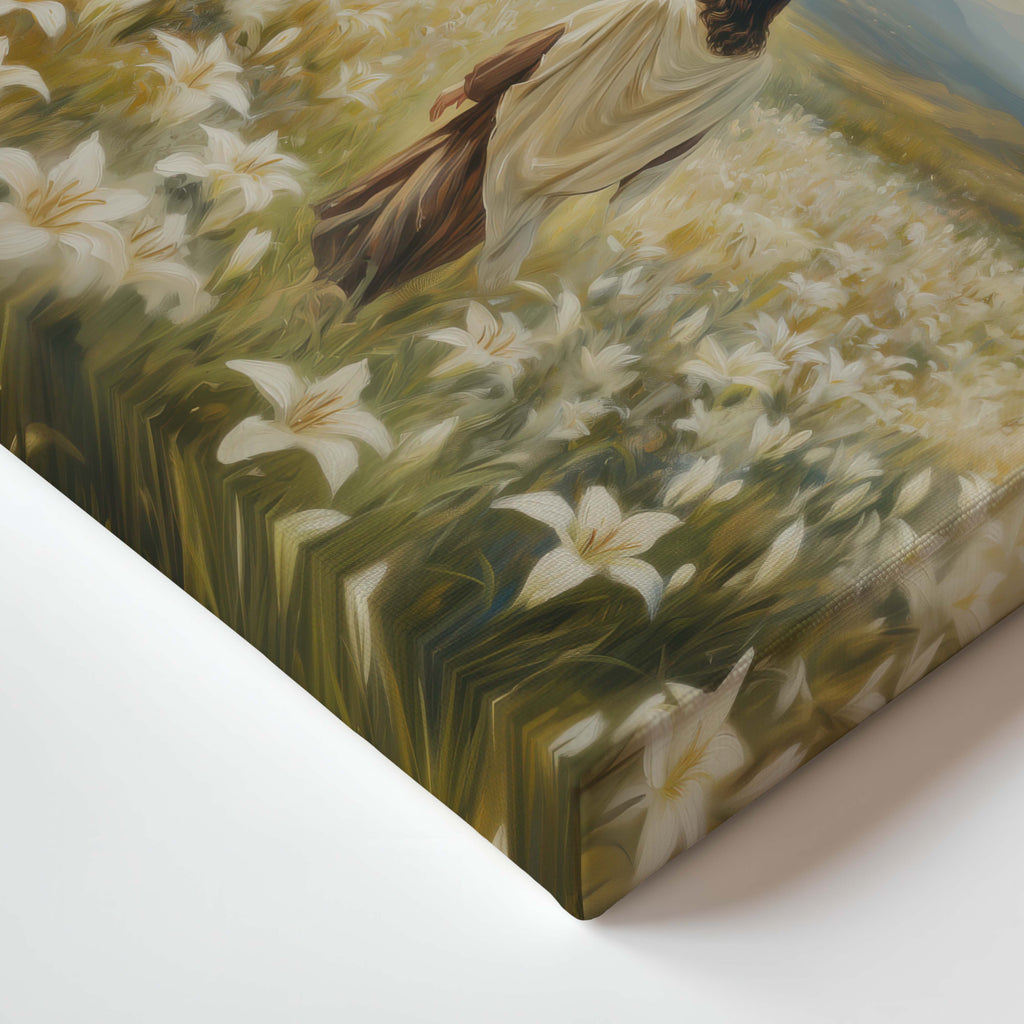 Among the Lilies Christian canvas artwork featuring Jesus among white lilies in a peaceful landscape