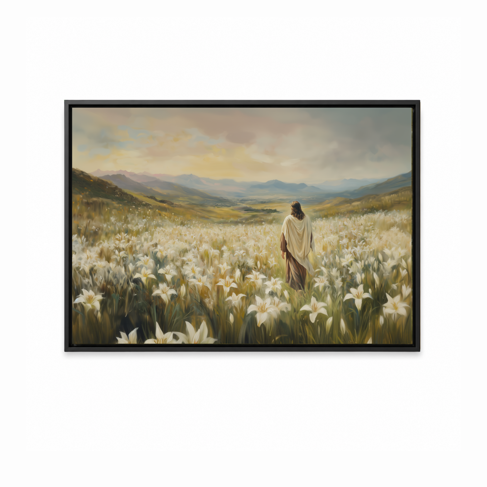 Among the Lilies Christian wall art featuring Jesus among white lilies in a black frame