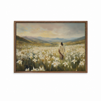 Among the Lilies Christian wall art featuring Jesus among white lilies in a dark wood frame