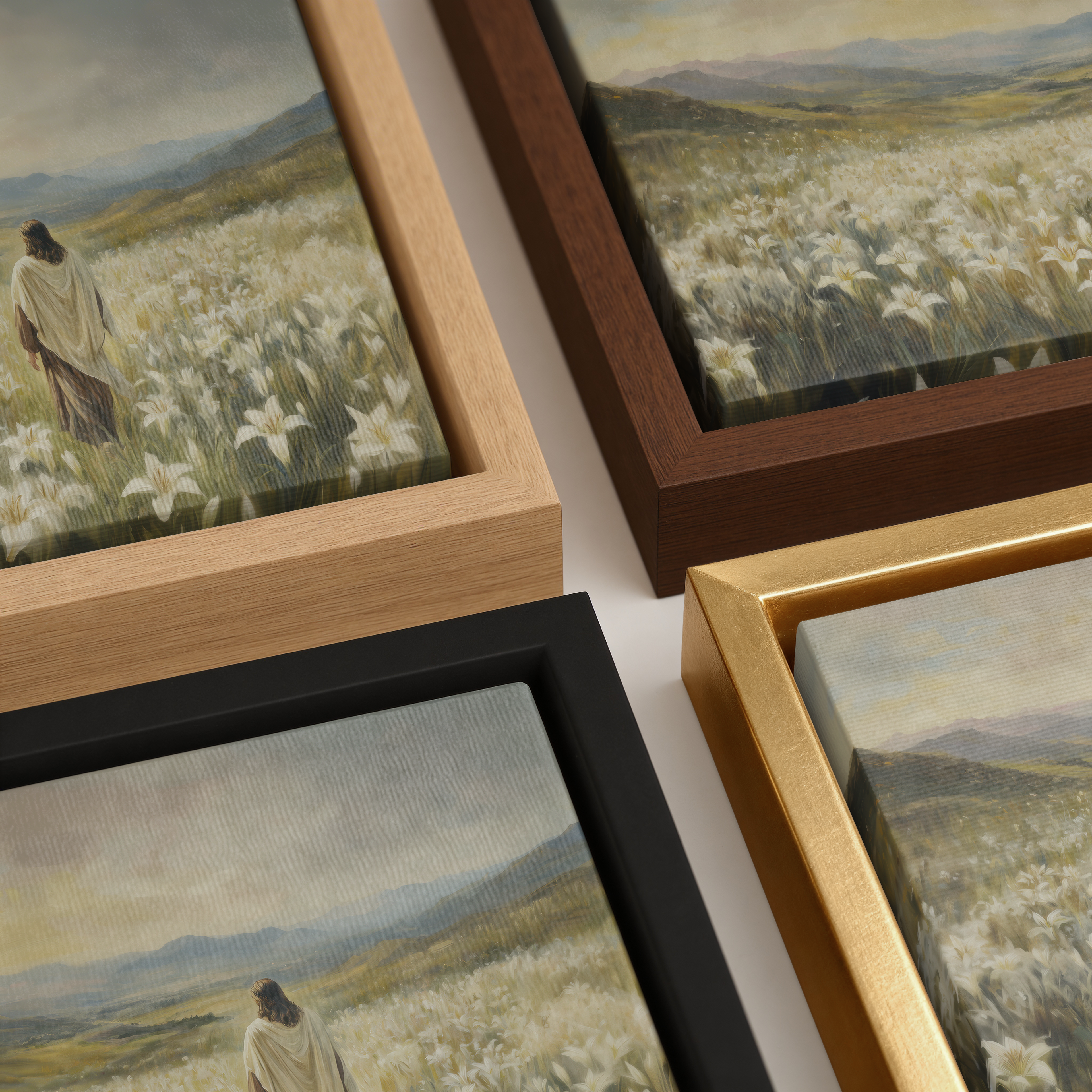 Close-up of Among the Lilies Christian wall art frame detail