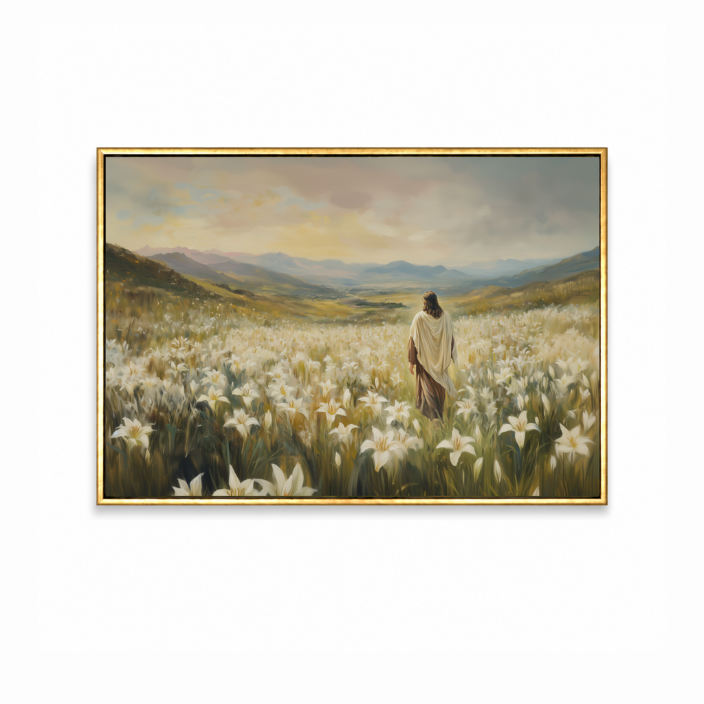 Among the Lilies Christian wall art featuring Jesus standing among white lilies in a peaceful landscape in a gold frame