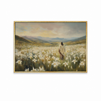 Among the Lilies Christian wall art featuring Jesus standing among white lilies in a peaceful landscape in a gold frame