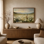 Among the Lilies Christian wall art displayed in a warm neutral living room
