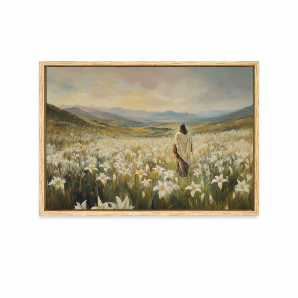Among the Lilies Christian wall art featuring Jesus among white lilies in a natural wood frame
