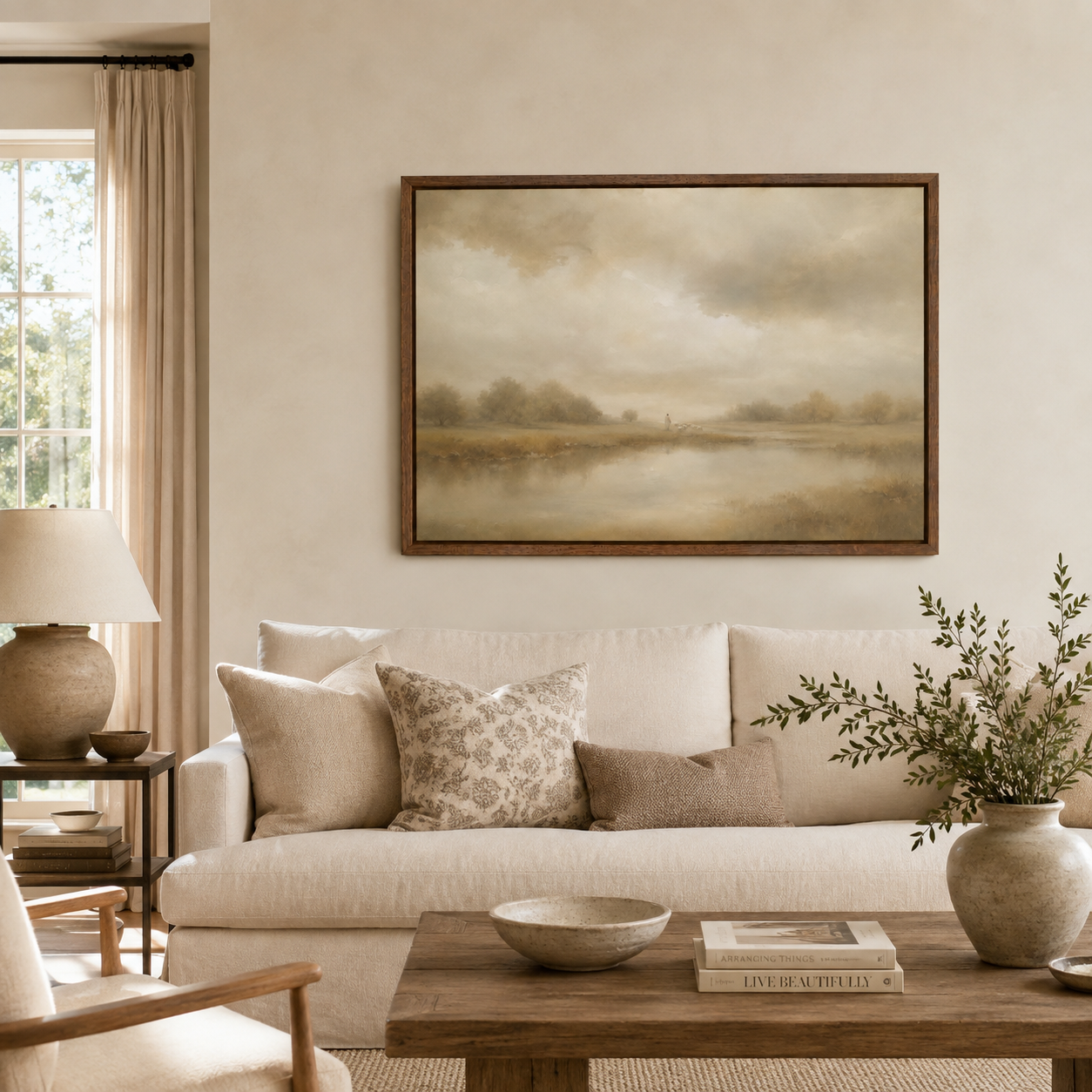 Good Shepherd Christian wall art inspired by Psalm 23 showing a shepherd leading sheep beside still waters. living room