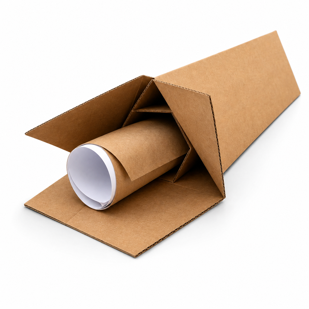 A brown kraft cardboard mailing tube with a matching rolled piece of brown paper partially inserted, photographed on a clean white background.