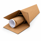 A brown kraft cardboard mailing tube with a matching rolled piece of brown paper partially inserted, photographed on a clean white background.