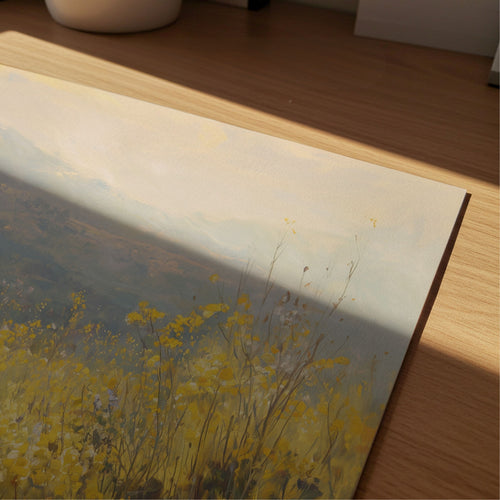 close up of the christian print, field with yellow flowers
