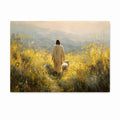 A rectangular art print or canvas showing Jesus in a cream robe walking through a sunlit yellow wildflower field with a white sheep