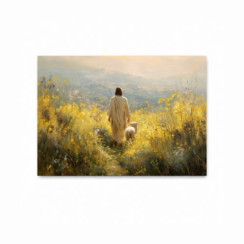 A rectangular art print or showing Jesus in a cream robe walking through a sunlit yellow wildflower field with a white sheep