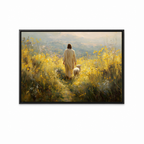 Fields of Peace Christian wall art featuring Jesus walking with a lamb through a golden field in a black frame