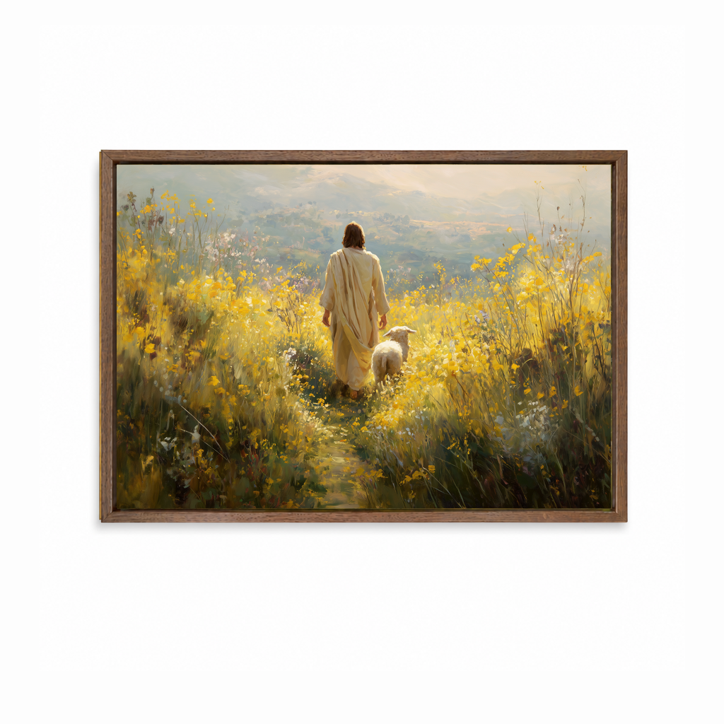 Fields of Peace Christian wall art featuring Jesus walking with a lamb through a golden field in a dark wood frame