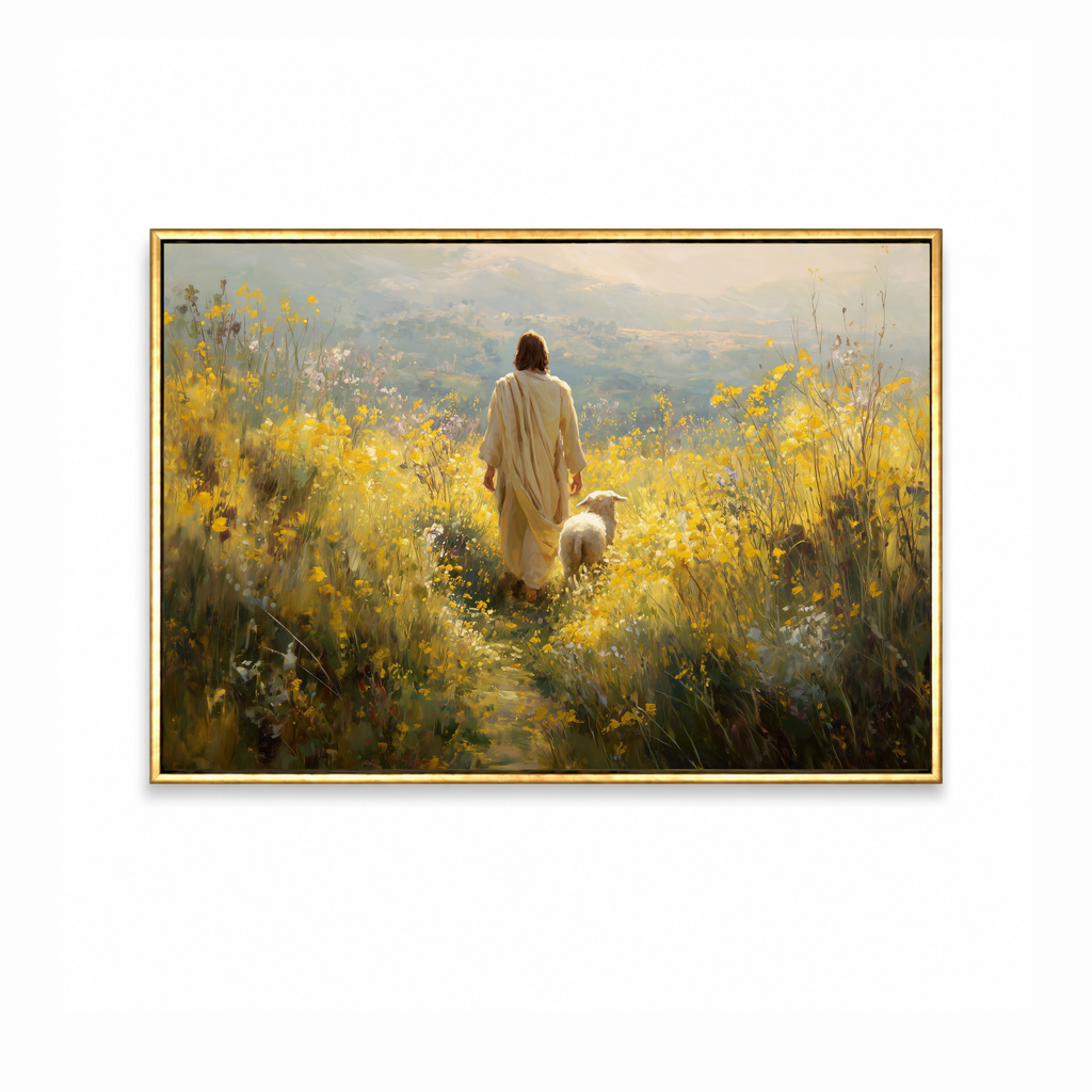 Fields of Peace Christian wall art featuring Jesus walking with a lamb through a golden field in a gold frame