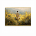 Fields of Peace Christian wall art featuring Jesus walking with a lamb through a golden field in a gold frame