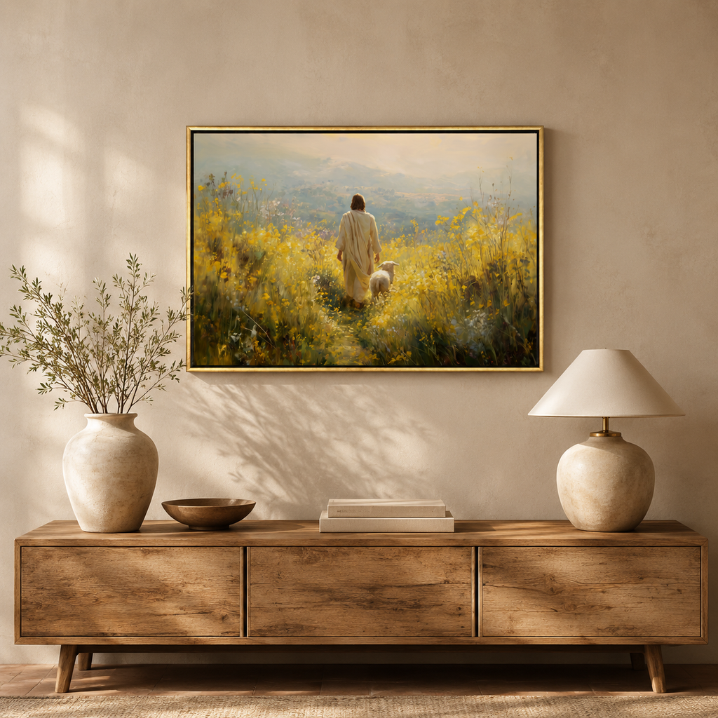 Fields of Peace Christian artwork displayed as framed wall art in a softly styled interior