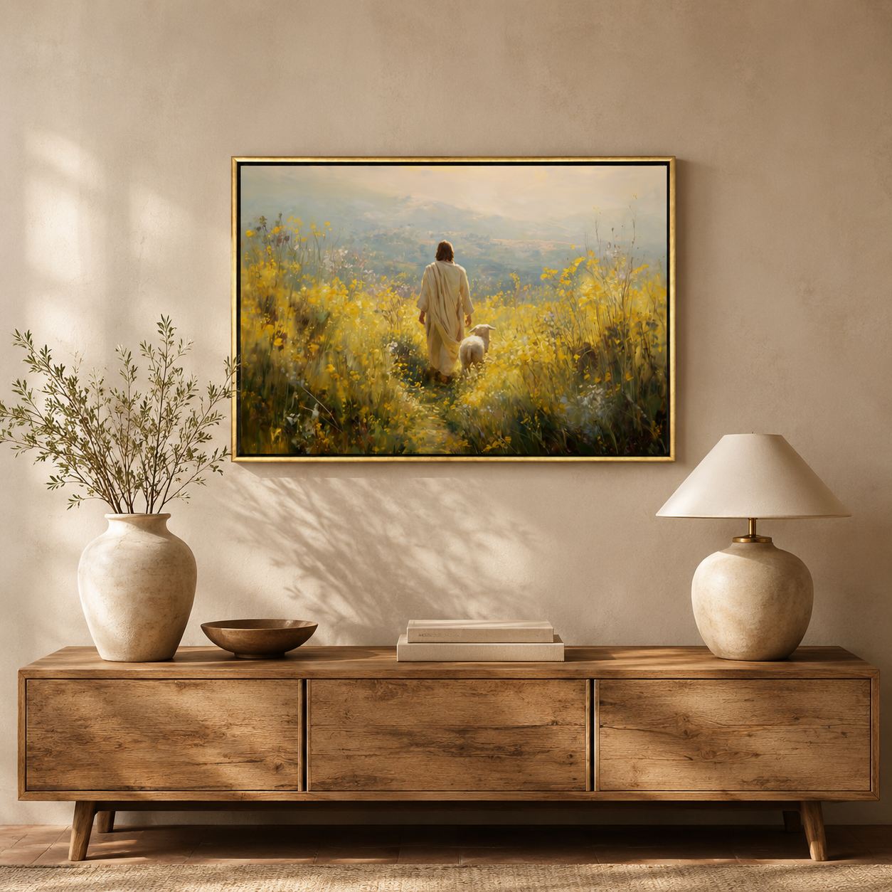 Fields of Peace Christian artwork displayed as framed wall art in a softly styled interior