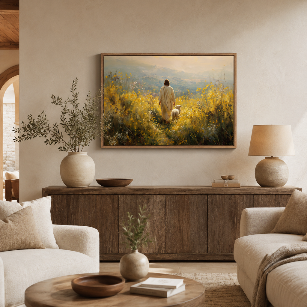 A framed painting of Jesus walking with a lamb through a golden field hangs on a beige wall above a wooden console table in a styled living room with cream sofas, lamps, and vases.