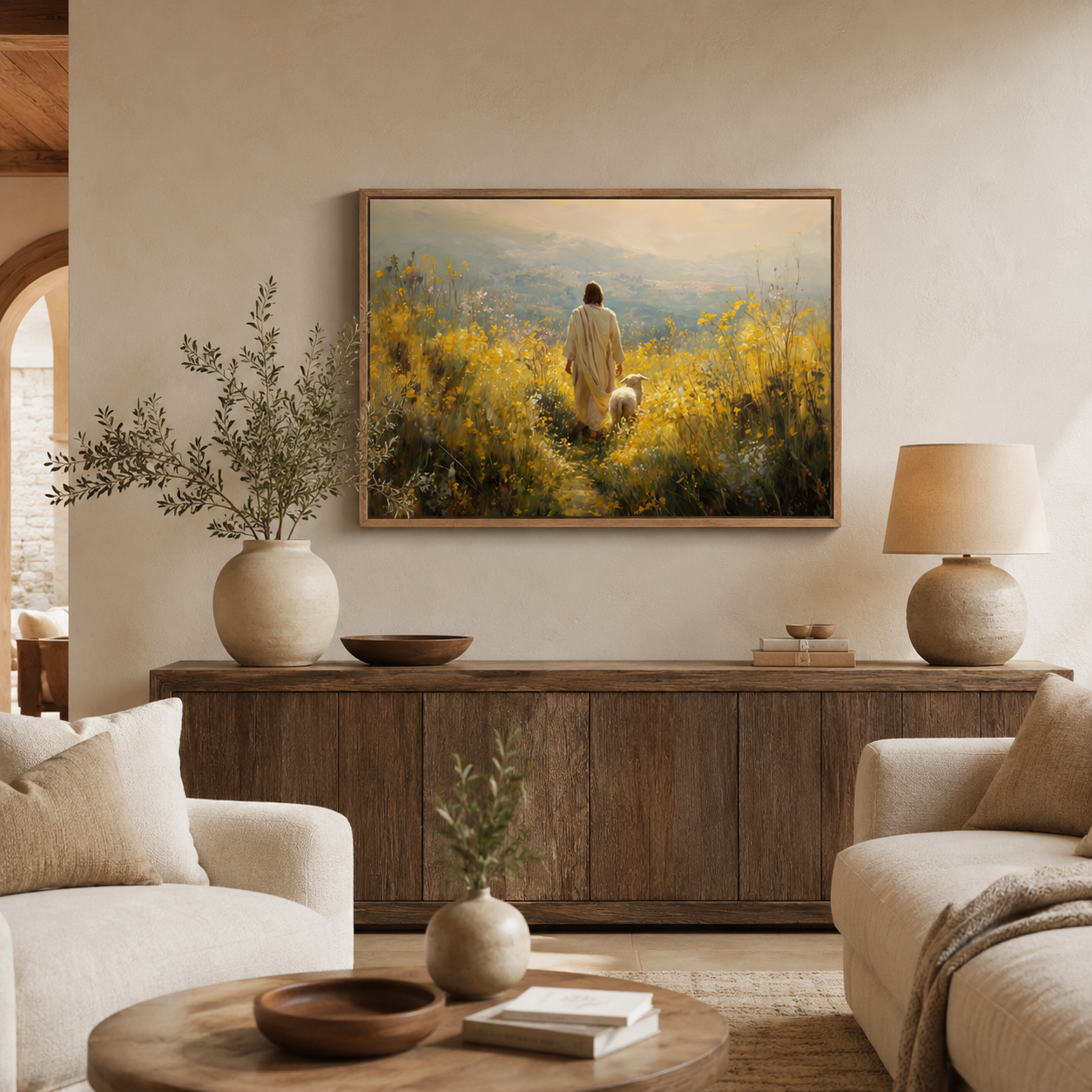 A framed painting of Jesus walking with a lamb through a golden field hangs on a beige wall above a wooden console table in a styled living room with cream sofas, lamps, and vases.