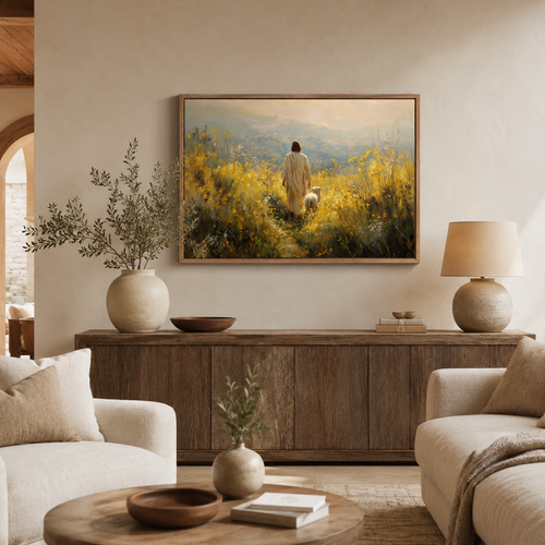 A framed painting of Jesus walking with a lamb through a golden field hangs on a beige wall above a wooden console table in a styled living room with cream sofas, lamps, and vases.