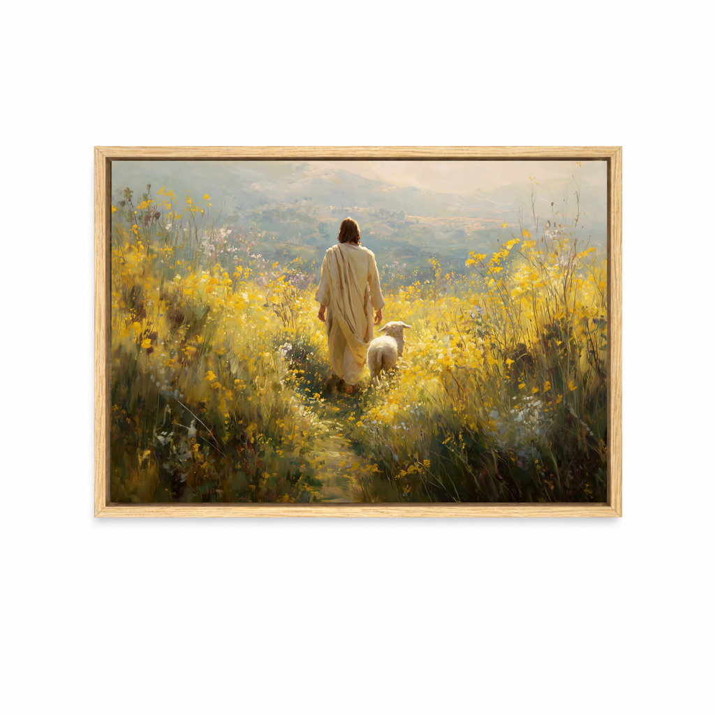 Fields of Peace Christian wall art featuring Jesus walking with a lamb through a golden field in a natural wood frame