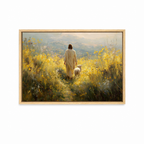 Fields of Peace Christian wall art featuring Jesus walking with a lamb through a golden field in a natural wood frame