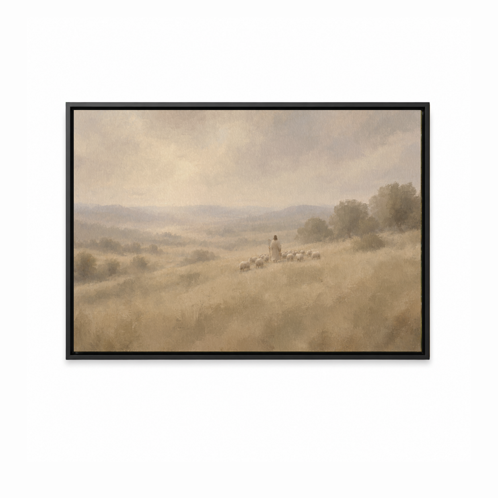 Good Shepherd Christian landscape artwork displayed in a classic black frame.