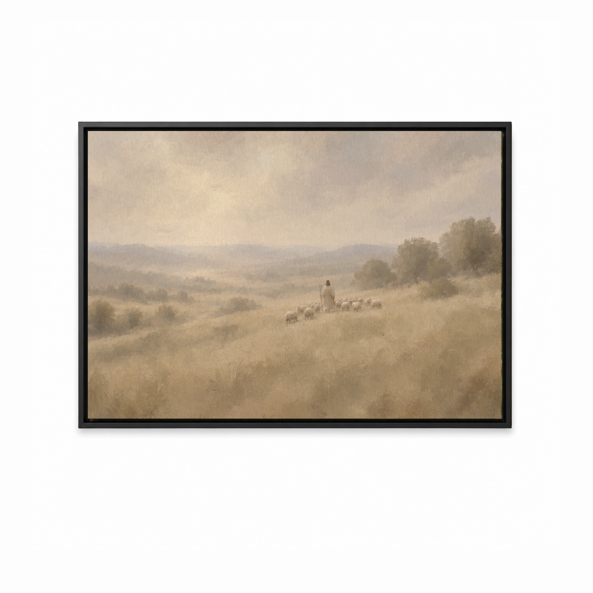 Good Shepherd Christian landscape artwork displayed in a classic black frame.