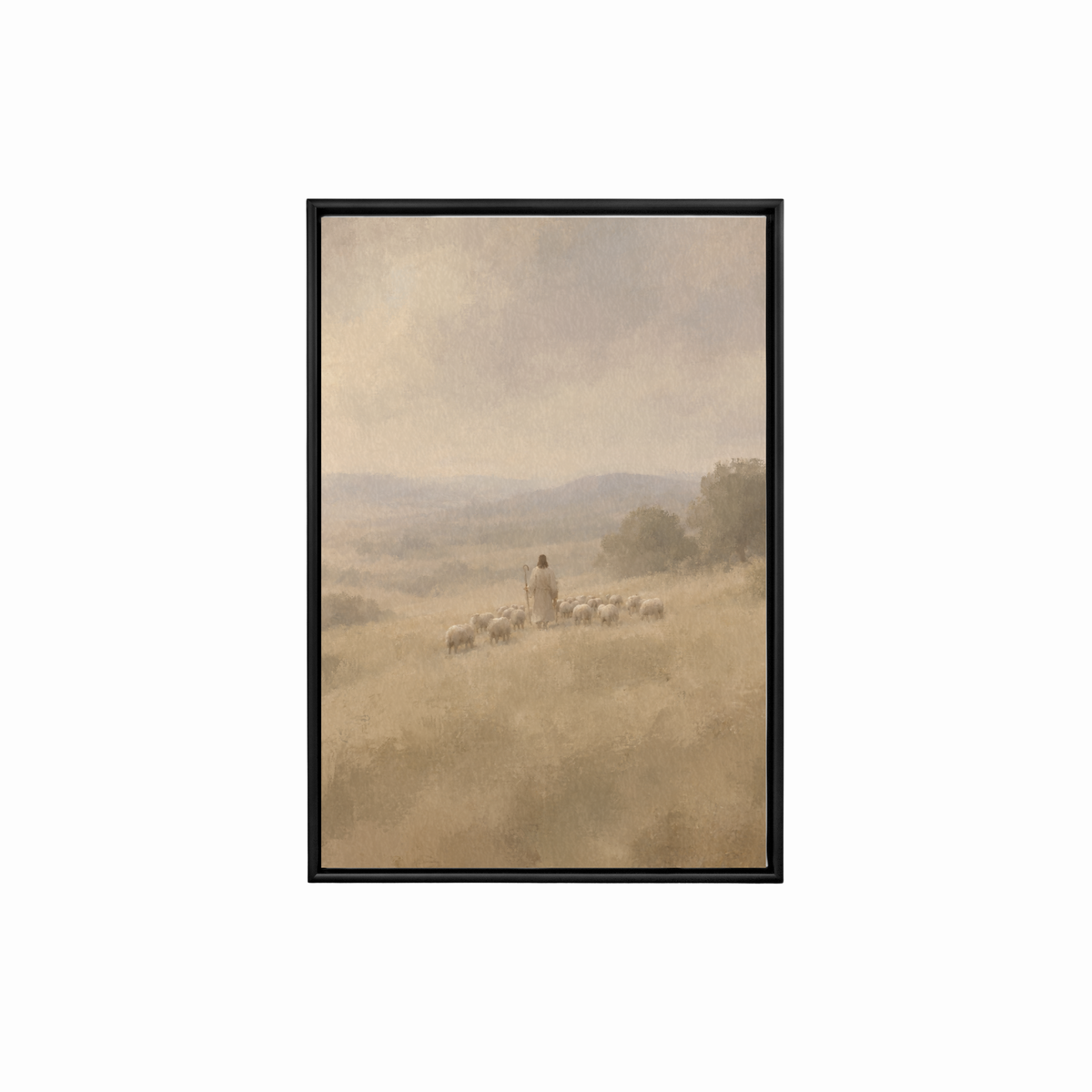 Vertical detail view of Jesus leading His flock artwork in a black frame.