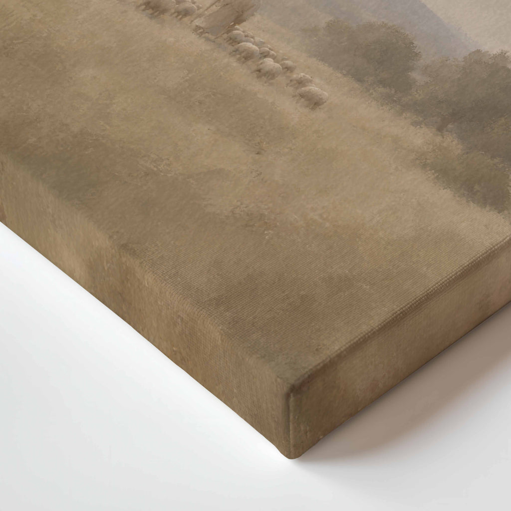 Close-up of the textured canvas and wrapped edge of Following Him Christian artwork.