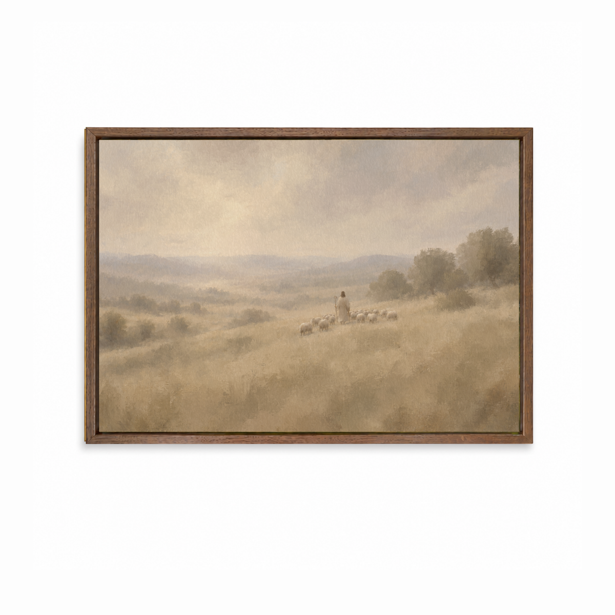 Following Him Jesus and sheep artwork displayed in a dark wood frame.