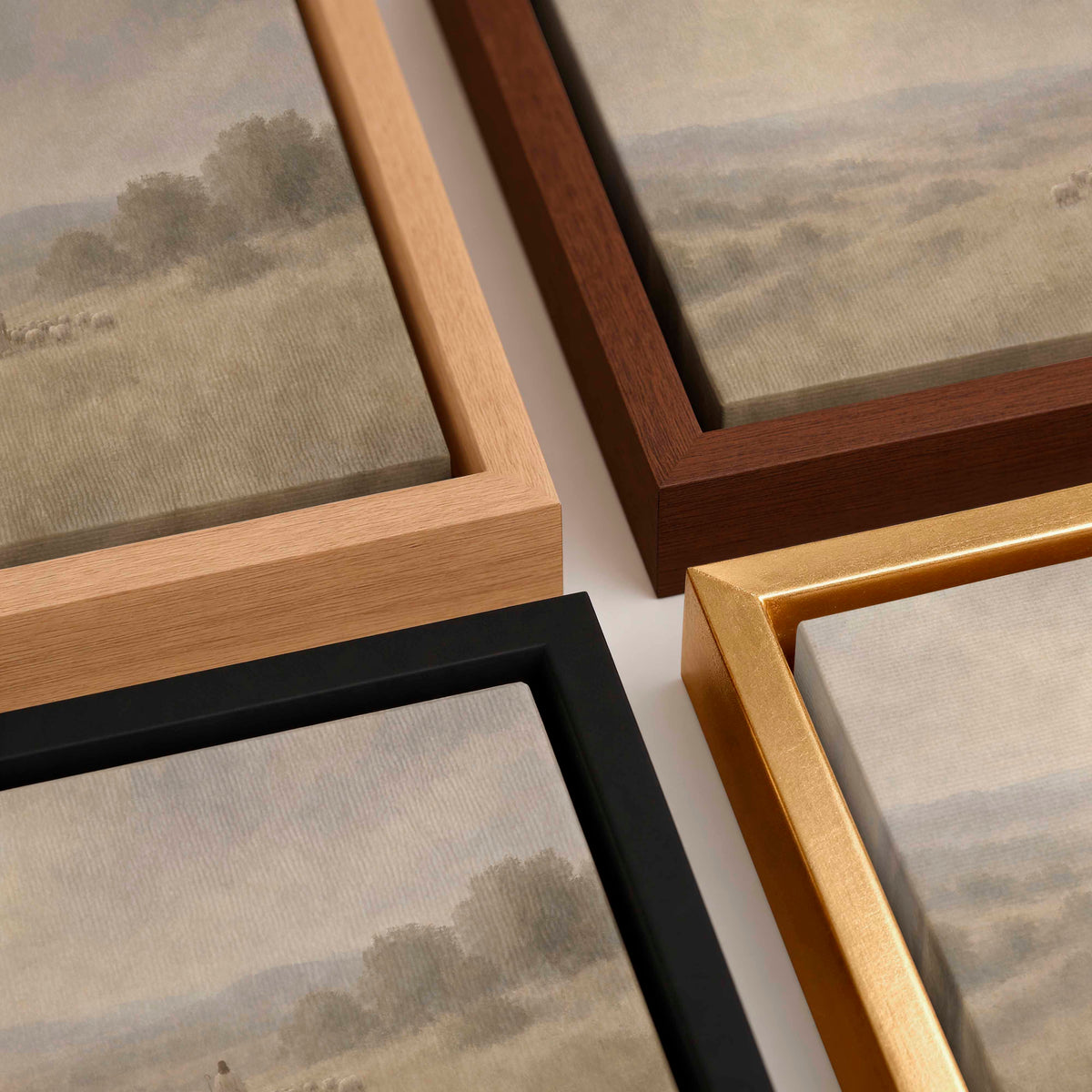 Close-up of frame finish options available for Following Him Christian wall art.