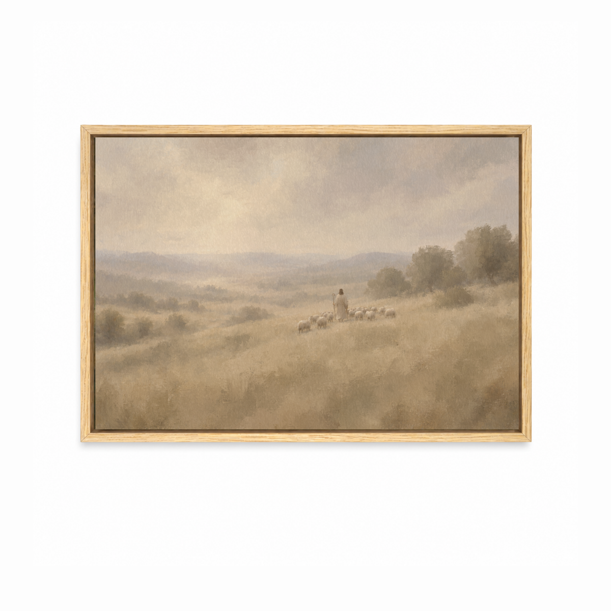 Neutral Good Shepherd artwork featuring Jesus leading His sheep, shown in a natural wood frame.
