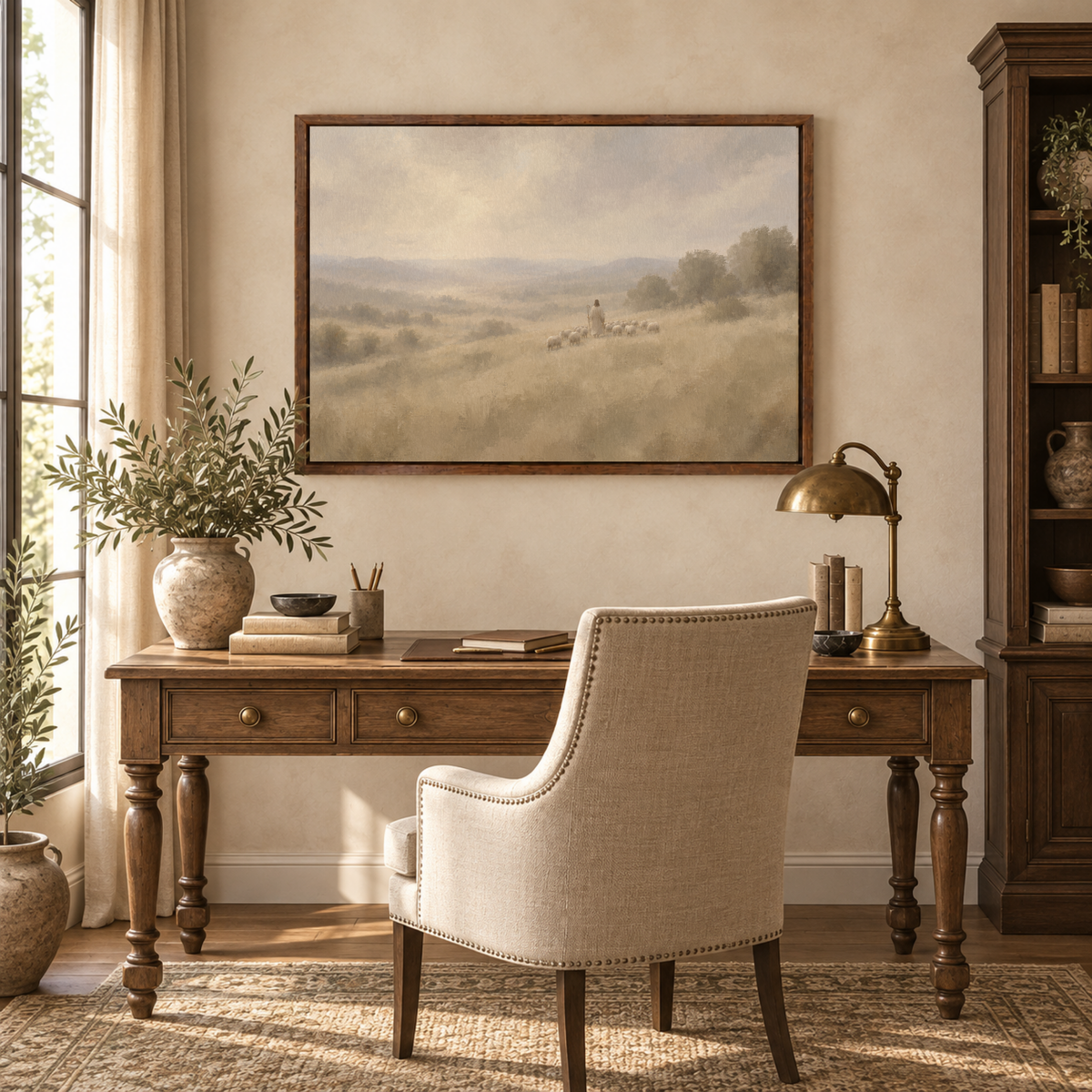 Following Him Christian artwork displayed above a wooden desk in a warm European-style home office.