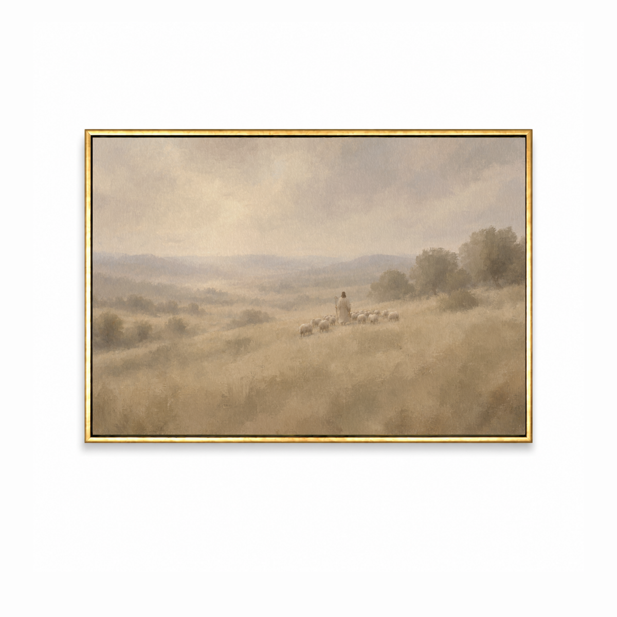 Following Him Good Shepherd Christian wall art in an elegant gold frame.