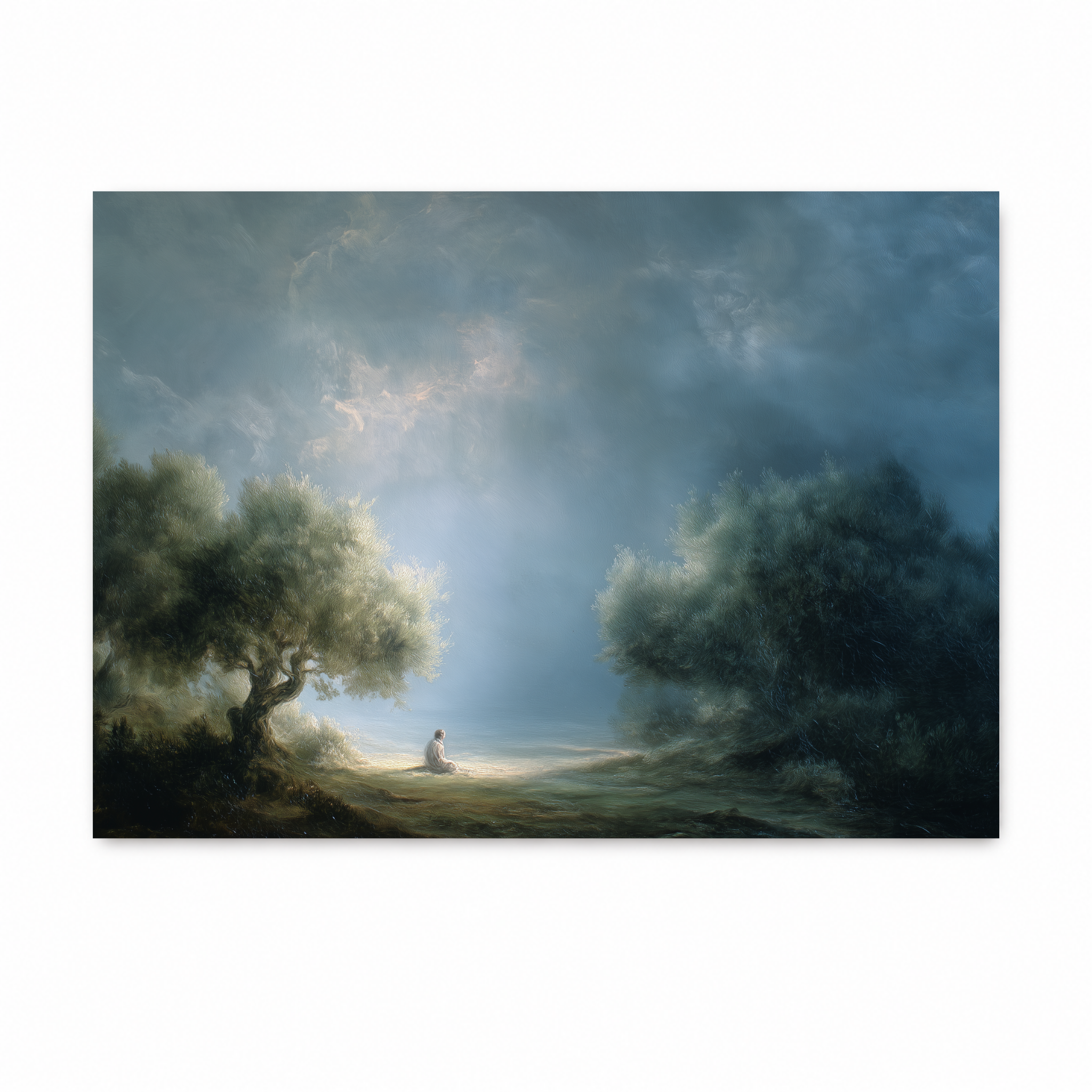 Jesus praying alone in the Garden of Gethsemane beneath olive trees in a peaceful Christian art print