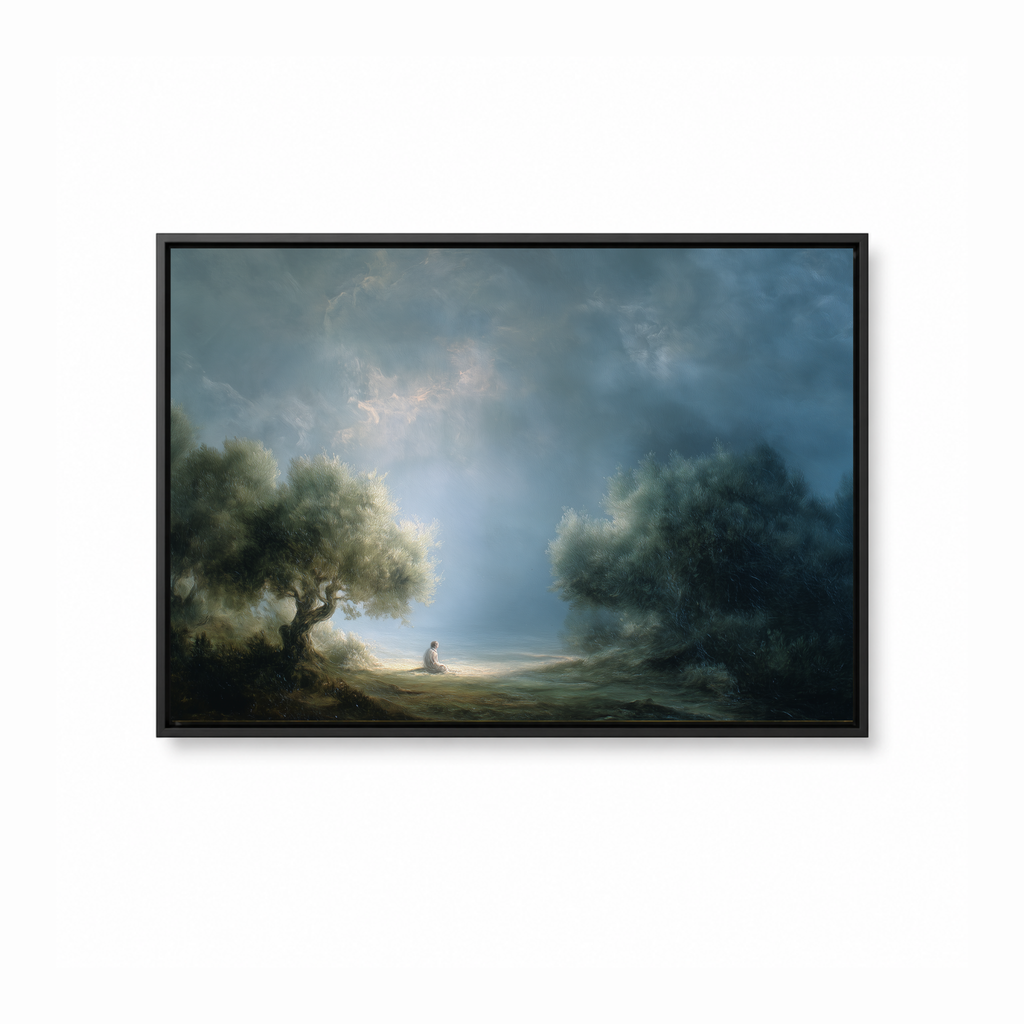 Garden of Gethsemane Christian wall art featuring Jesus praying in a black frame
