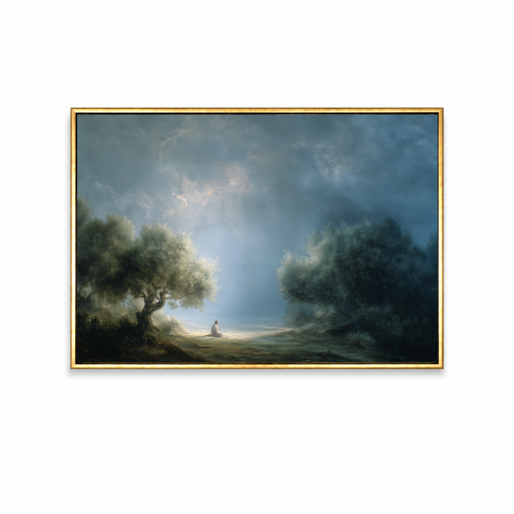 Garden of Gethsemane Christian wall art featuring Jesus praying beneath the trees in a dramatic garden scene in a gold frame