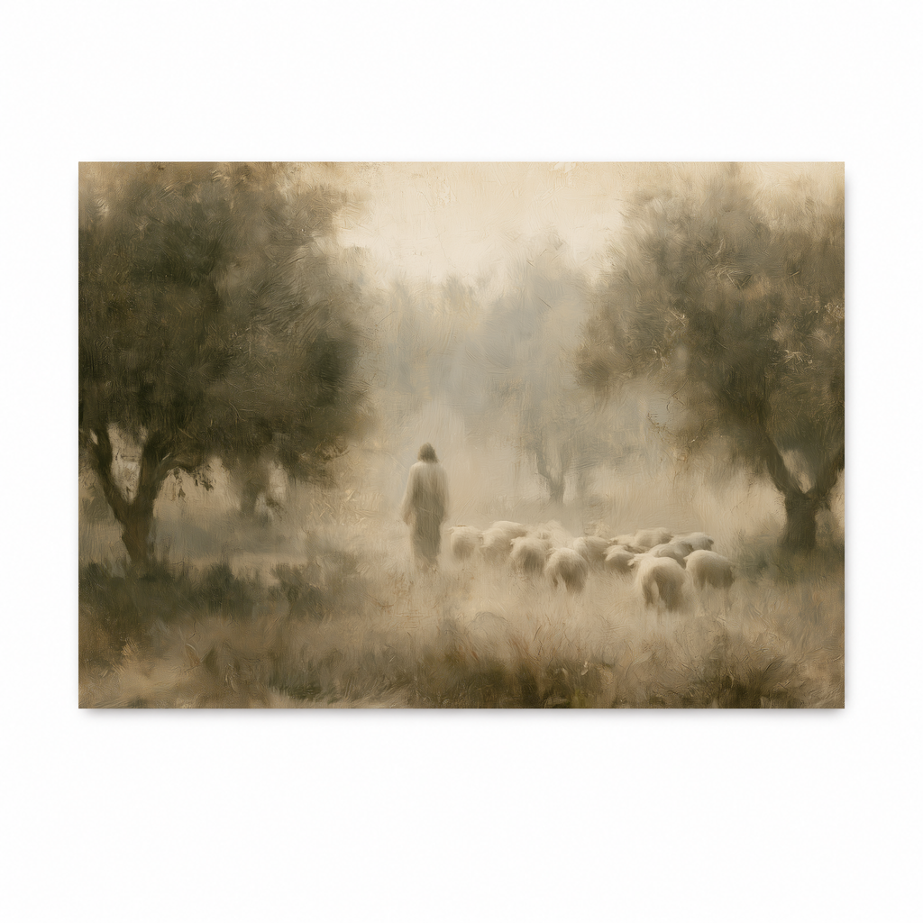 Jesus as the Good Shepherd leading a small flock of sheep through a peaceful olive grove in a soft Christian art print