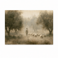 Jesus as the Good Shepherd leading a small flock of sheep through a peaceful olive grove in a soft Christian art print