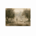 Jesus as the Good Shepherd leading a small flock of sheep through a peaceful olive grove in a soft Christian art print