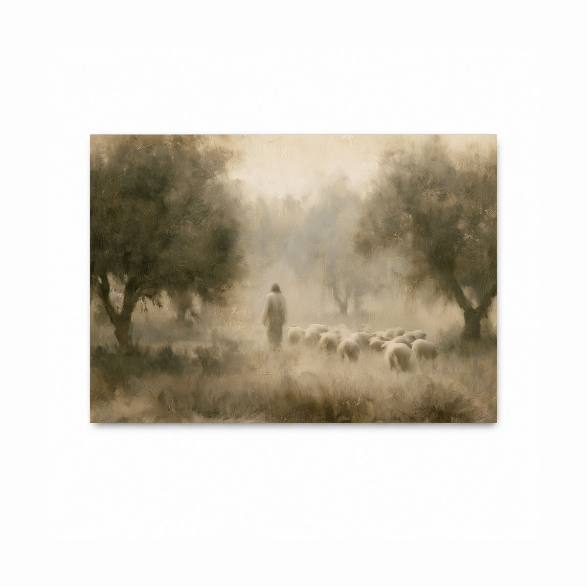 Jesus as the Good Shepherd leading a small flock of sheep through a peaceful olive grove in a soft Christian art print