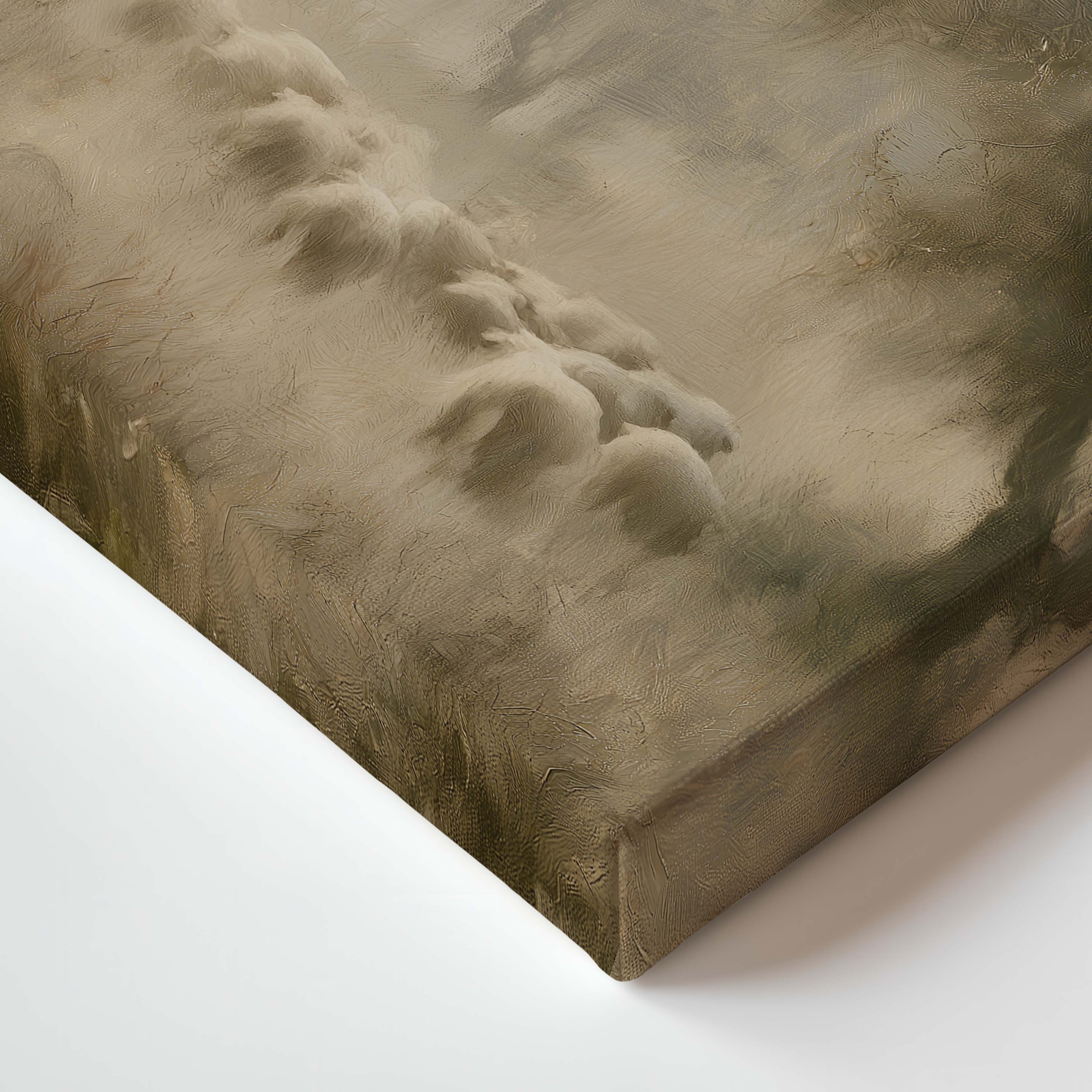 Good Shepherd Christian canvas artwork featuring Jesus walking with sheep in a peaceful landscape