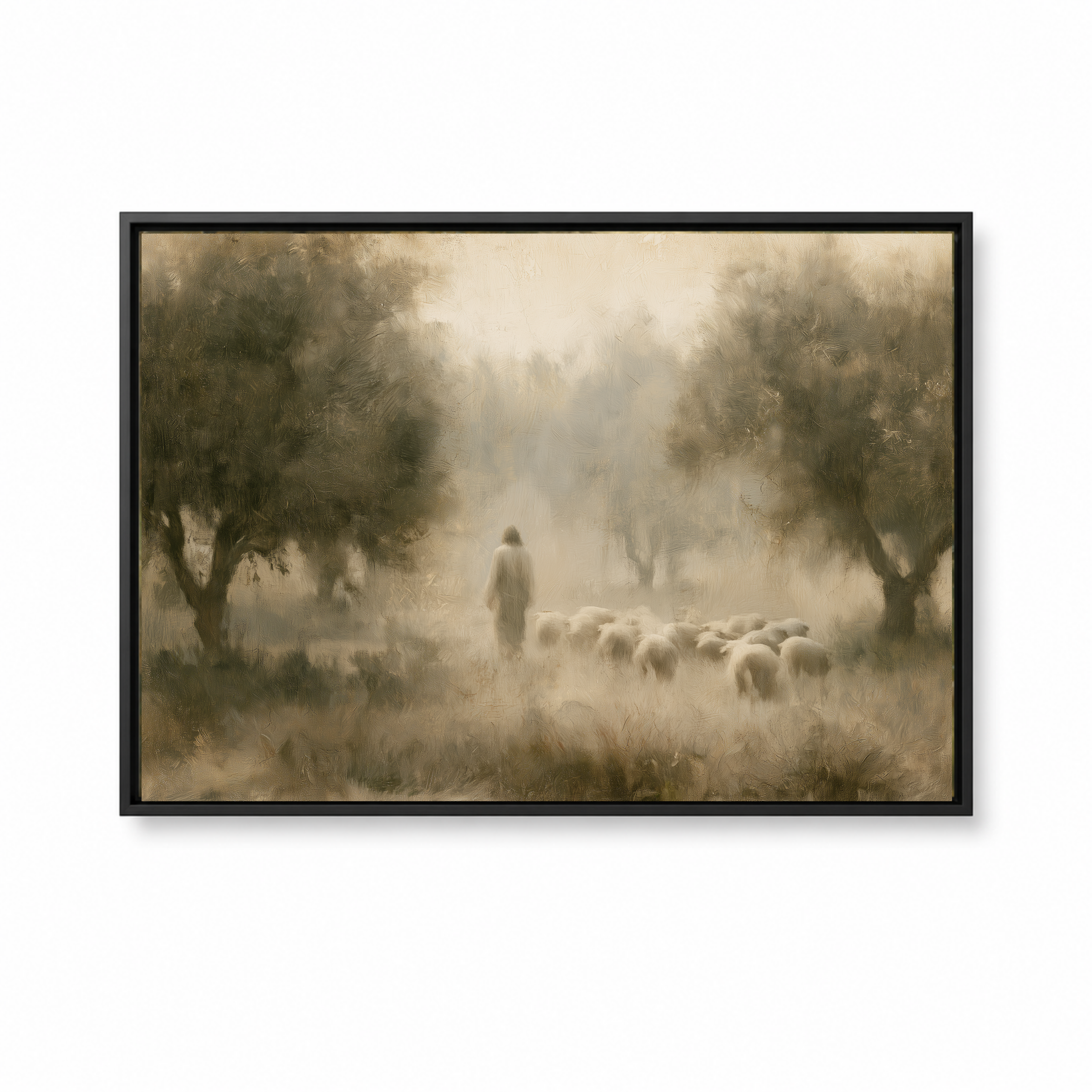 Good Shepherd Christian wall art featuring Jesus and sheep in a black frame